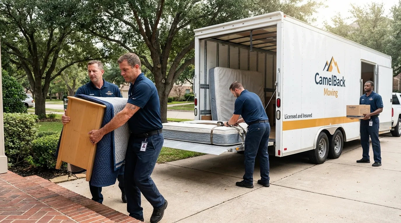 Crew loading residential truck for cross-state move from San Dimas, CA
