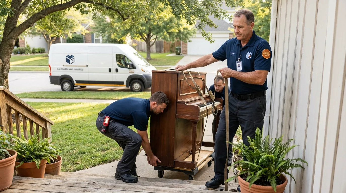 Licensed piano movers securing grand piano in San Dimas, CA